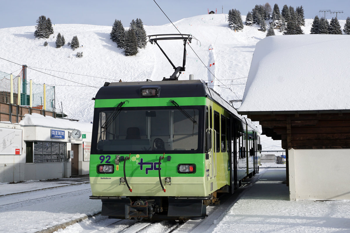 Transports publics du Chablais TPC
Beh 4/8 92  BARBOLEUSE  in Col de Bretaye am 18. Januar 2019.
Foto: Walter Ruetsch 
