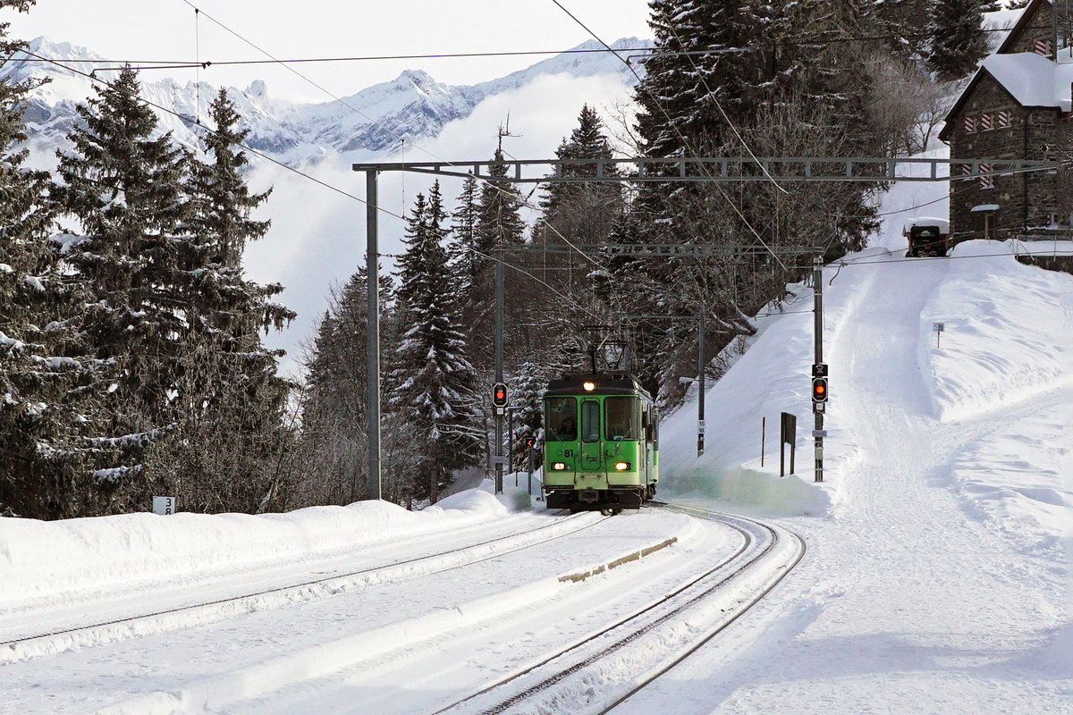 Transports publics du Chablais TPC
Winteridylle auf dem BVB Streckenabschnitt Villars - Col-de-Bretaiye vom 18. Januar 2019 mit dem BDeh 4/4 81.
Foto: Walter Ruetsch  