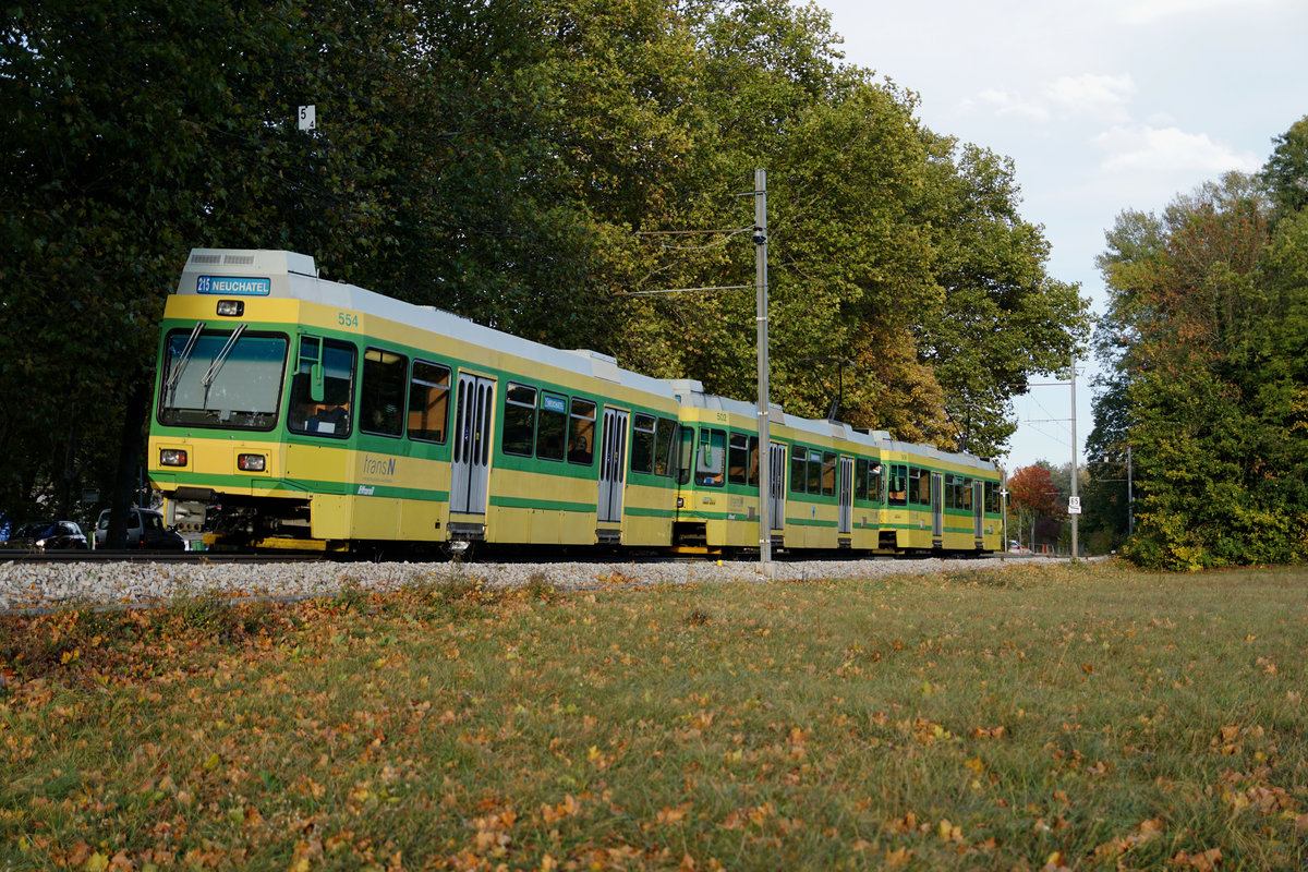 Transports Régionaux Neuchâtelois TRN 
Die in den Jahren 1981/1988 beschafften sechs Trieb- und vier Steuerwagen werden im Laufe des Jahres 2019 durch die bei der Trogenerbahn TB nicht mehr gebrauchten Be 4/8 Triebzügen nach Revision bei Stadler Rail abgelöst.
Die Aufnahmen sind am 31. Oktober 2018 bei Colombier entstanden.
Foto: Walter Ruetsch   