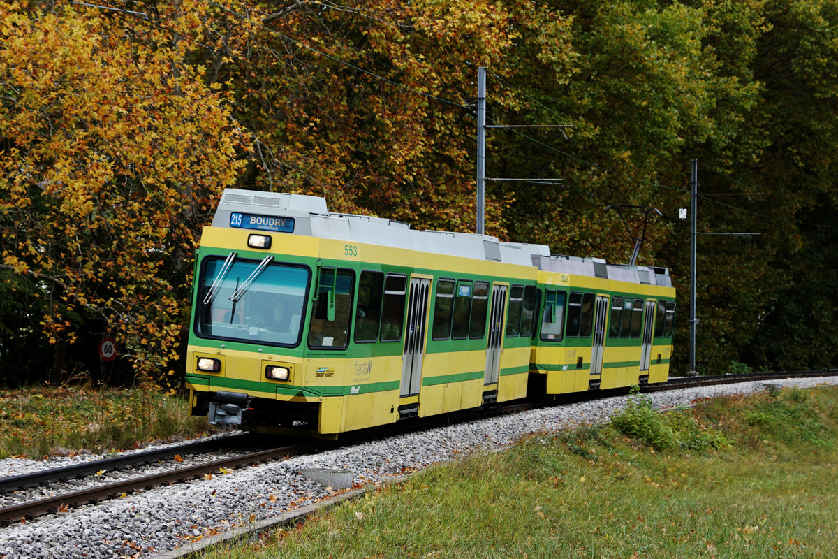 Transports Régionaux Neuchâtelois TRN 
Die in den Jahren 1981/1988 beschafften sechs Trieb- und vier Steuerwagen werden im Laufe des Jahres 2019 durch die bei der Trogenerbahn TB nicht mehr gebrauchten Be 4/8 Triebzügen nach Revision bei Stadler Rail abgelöst.
Die Aufnahmen sind am 31. Oktober 2018 bei Colombier entstanden.
Foto: Walter Ruetsch   