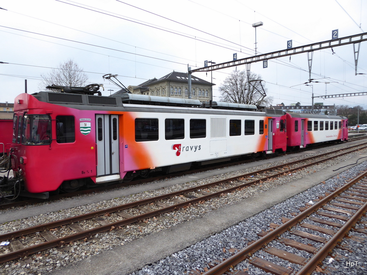 travys ( YSteC ) - Triebwagen Be 4/4  1 mit Steuerwagen Bt 51 in Yverdon am 18.02.2016