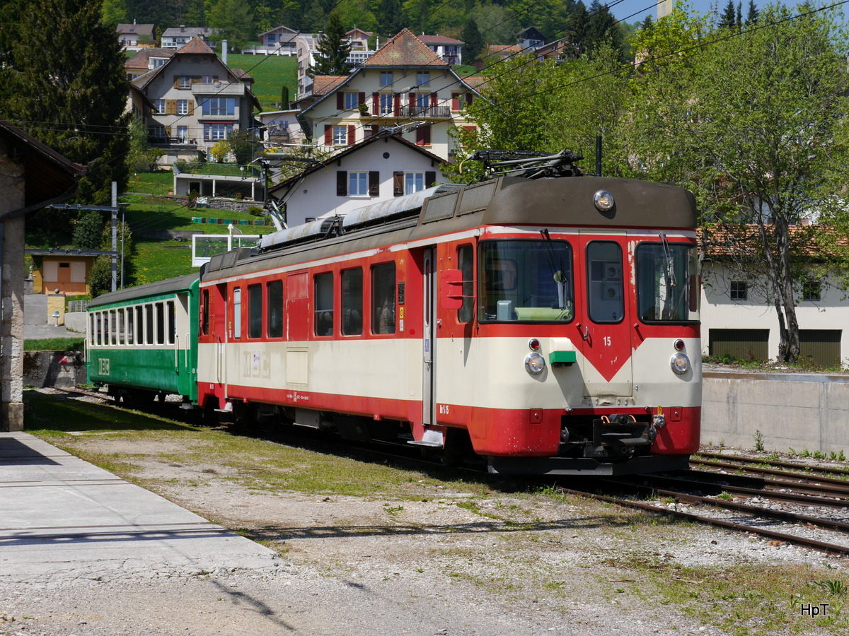 travys / YsteC - Triebwagen Be 4/4 15 und  Personenwagen der MBC B 63 in St. Croix am 05.05.2018