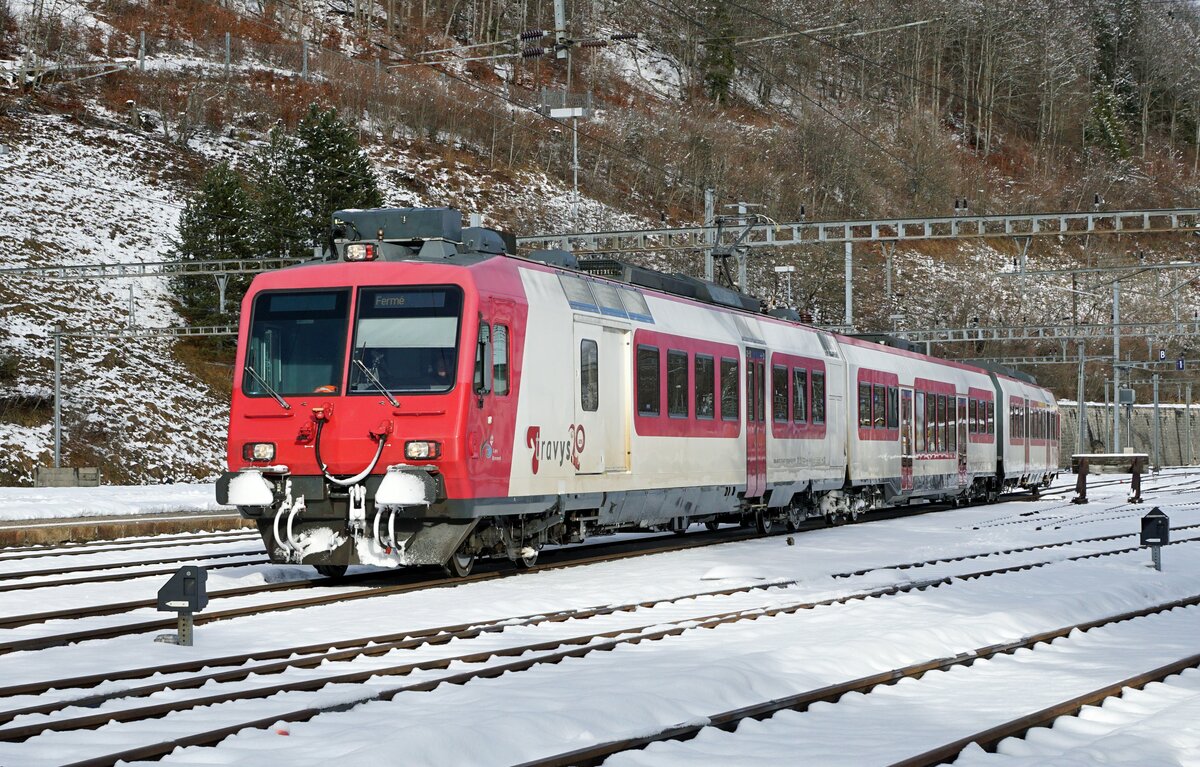 TRAVYS Domino RBDe 560 als Regio Le Brassus-Vallorbe in Vallorbe am 9. Dezember 2021.
Foto: Walter Ruetsch