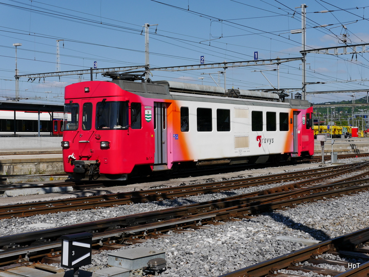 travys - Triebwagen Be 4/4 1 im Bahnhofsareal von Yverdon les Bains am 09.05.2017