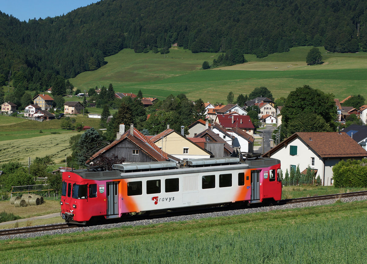 TRAVYS/YStC: Der Be 4/4 1 bei St. Croix unterwegs am 19. Juli 2016.
Foto: Walter Ruetsch