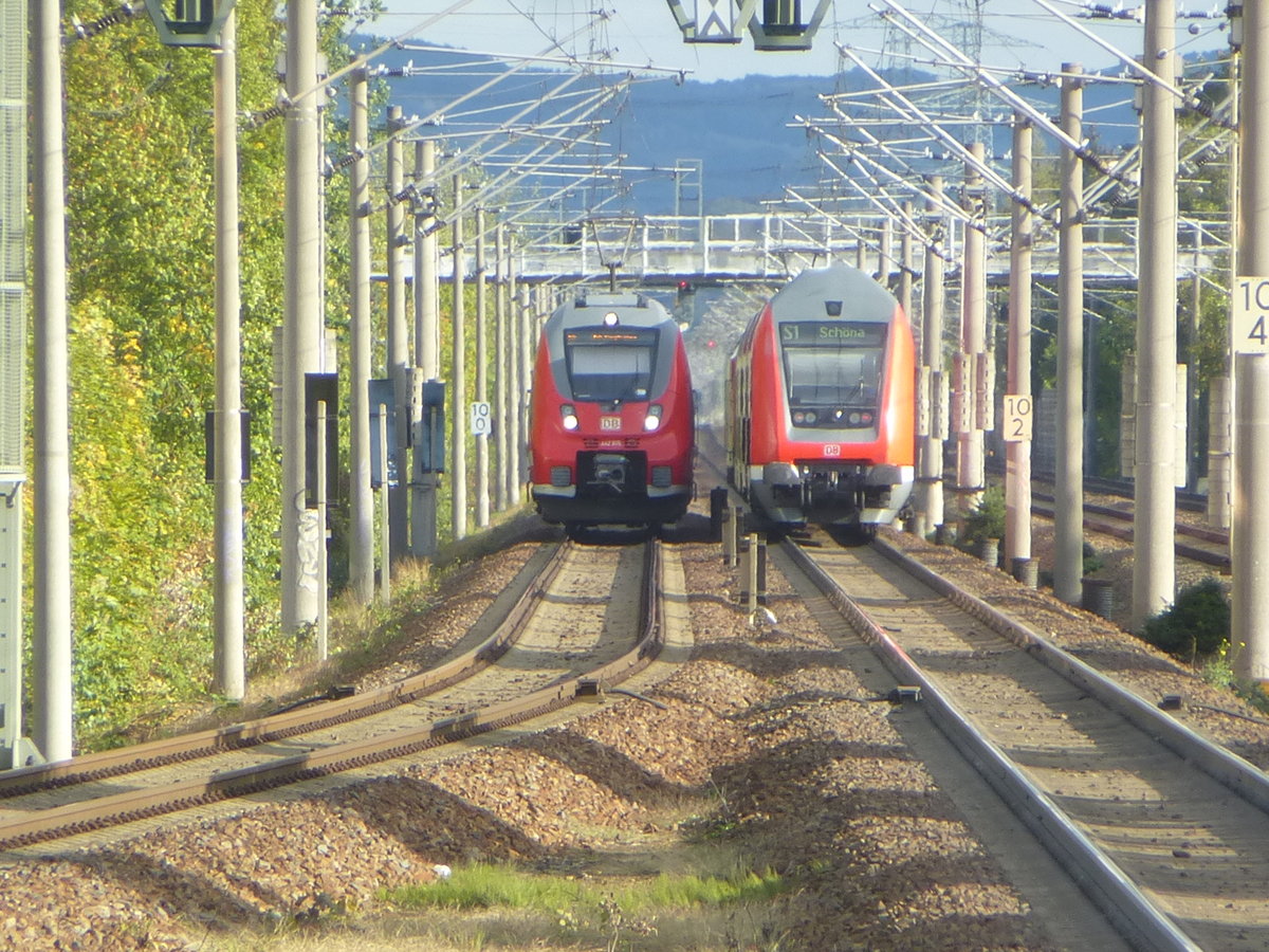 Treffen der S - Bahn Dresden ein 442 - xxx als S 2 nach Dresden Flughafen und S 1 nach Schöna zwischen den S - Bahn Stationen Dresden Dobritz und Dresden Niedersedlitz. Aufnahme entsatnd am 28.09.2018 vom Bahnhof Dresden Dobritz