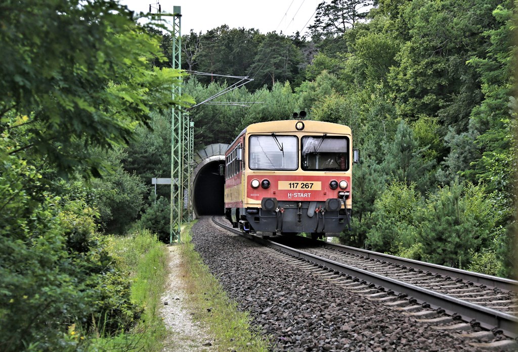 Triebwagen 117267 hat gerade aus dem slowenischen Grenzbahnhof Hodos kommend am 12.7.2022 um 11.08 Uhr den einzigen Tunnel der Strecke bei Nagyrakos verlassen und erreicht hier den 
gleichnamigen Haltepunkt.
