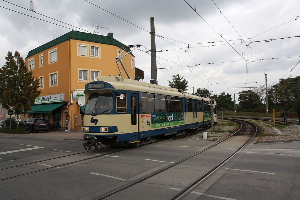 Triebwagen 123 am 08.Oktober 2016 kurz vor der Hst. Guntramsdorf-Lokalbahn.