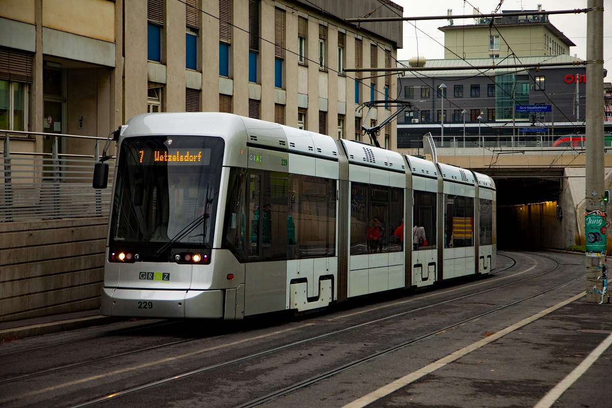 Triebwagen 229 als Linie 7 in der Eggenbergerstraße stadtauswärts fahrend am 7.11.2017.