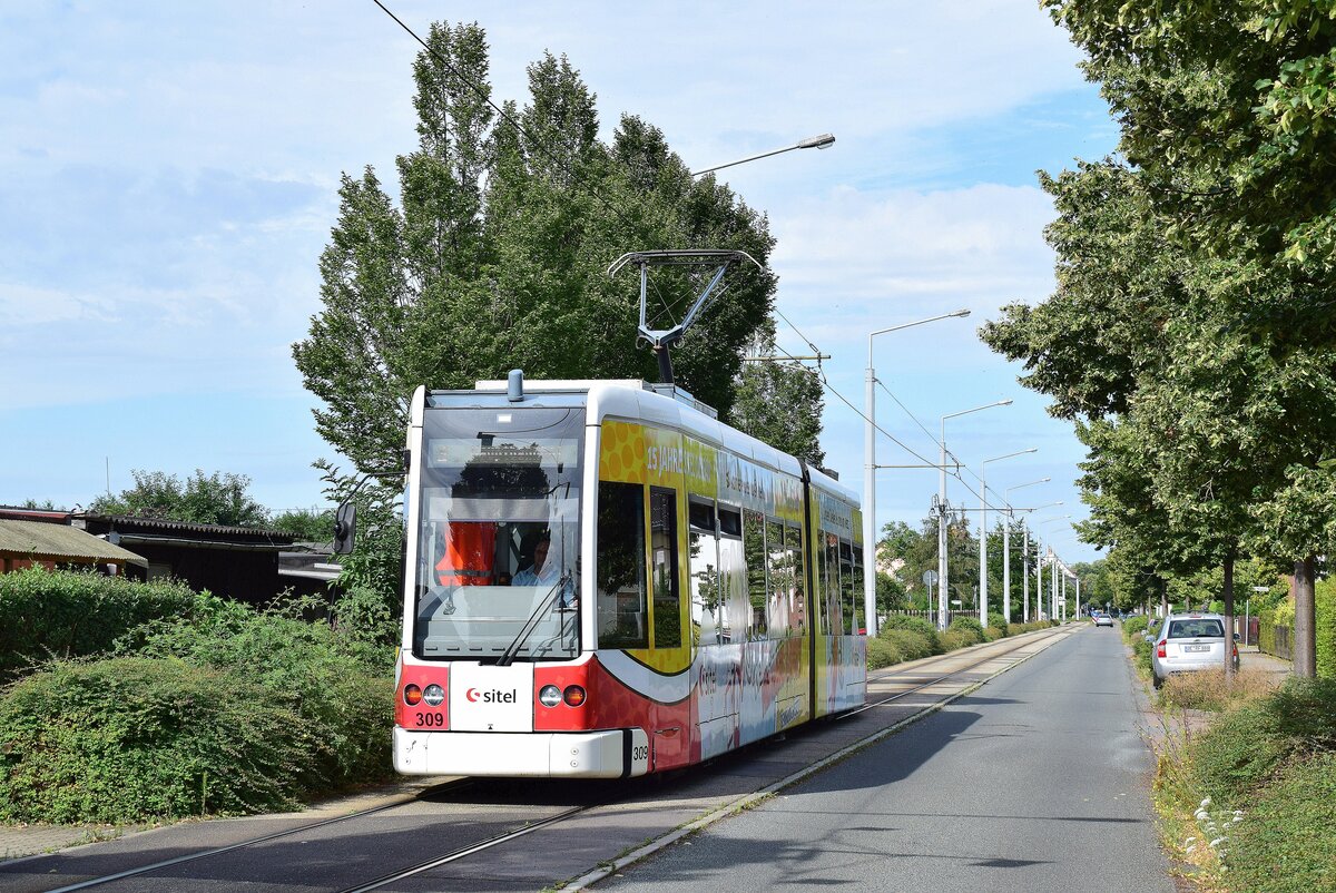 Triebwagen 309 durchfährt die Lindenstaße in Richtung Innenstadt.

Dessau 28.07.2020