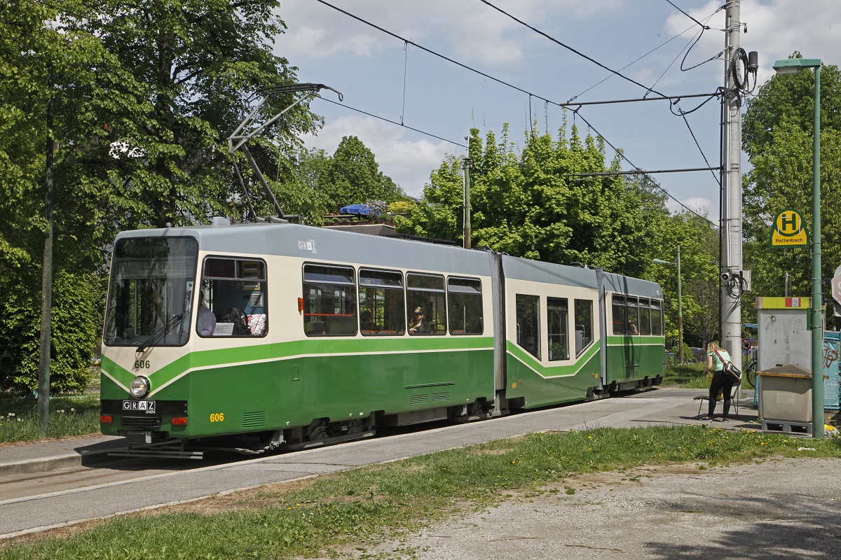 Triebwagen 606,Linie 1,Rettenbach am 6.05.2015.