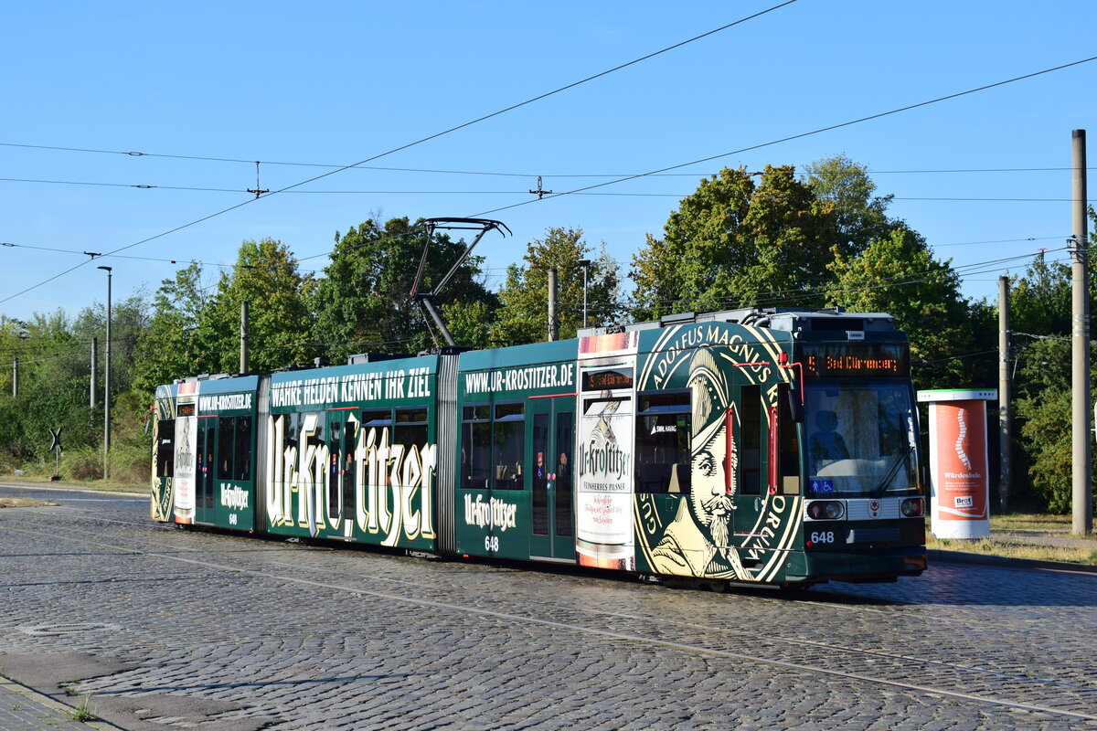 Triebwagen 648 steht an der Haltestelle Leunaweg in Merseburg in Richtung Leuna.

Merseburg 30.07.2020