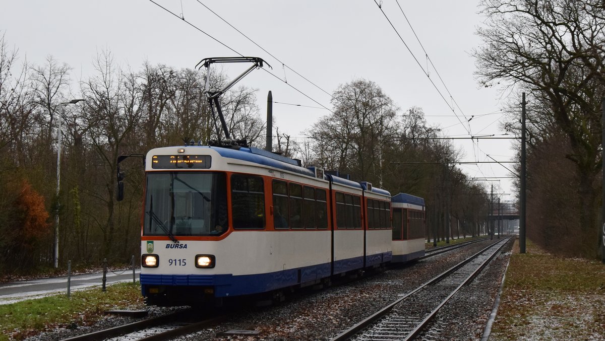 Triebwagen 9115 der Straßenbahn Darmstadt erreicht auf dem Weg nach Griesheim die Haltestelle Waldfriedhof. Aufgenommen am 26.1.2019 9:39