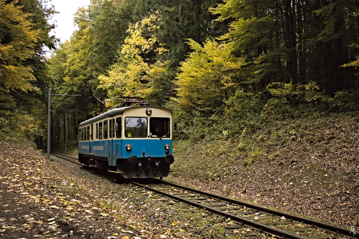 Triebwagen ET1 der Gleichenbergerbahn auf der Fahrt nach Bad Gleichenberg kurz vor Gnas in einem dunklen Waldabschnitt. (23.10.2021)