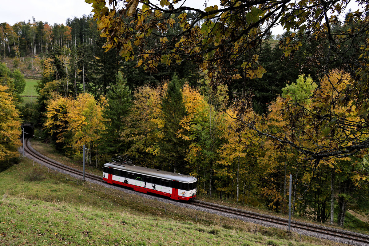 Triebwagen Nr. 3 der Strecke von Le Locle nach Les Brenets im Abendlicht bei Les Frêtes. 7.Oktober 2025 