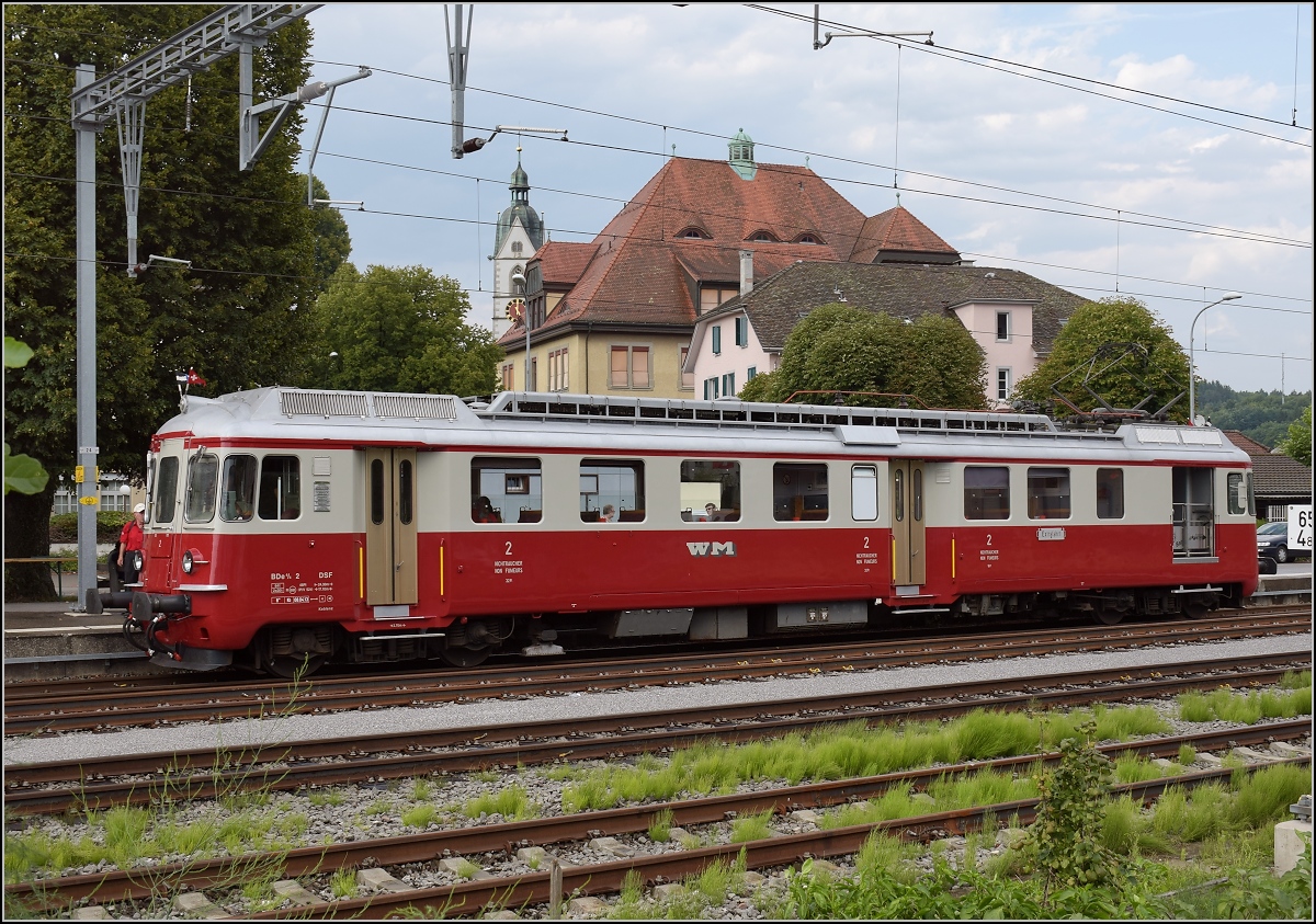 Triebwagentreffen Koblenz, August 2017. In Laufenburg steht am Bahnsteig der EAV-Triebwagen der WM, BDe 4/4 2. 