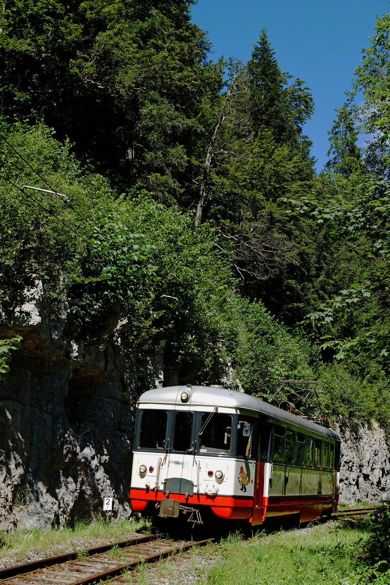 TRN/CMN: Noch rattern die kleinen roten Züge auf den abgelegenen Strecken zwischen La Chaux-de-Fonds - Les Ponts-de-Martel und Le Locle - Les Brenets mit einer Eigentumslänge von 20 km hin und her. Wegen dem schlechten Zustand der Infrastruktur und den alten Fahrzeugen aus den Jahren 1950 und 1991 sind diese Strecken von der Umstellung auf einen eventuellen Busbetrieb stark bedroht. BDe 4/4 3 auf der Fahrt nach Les Brenets am 18. Juli 2016. 
Foto: Walter Ruetsch 