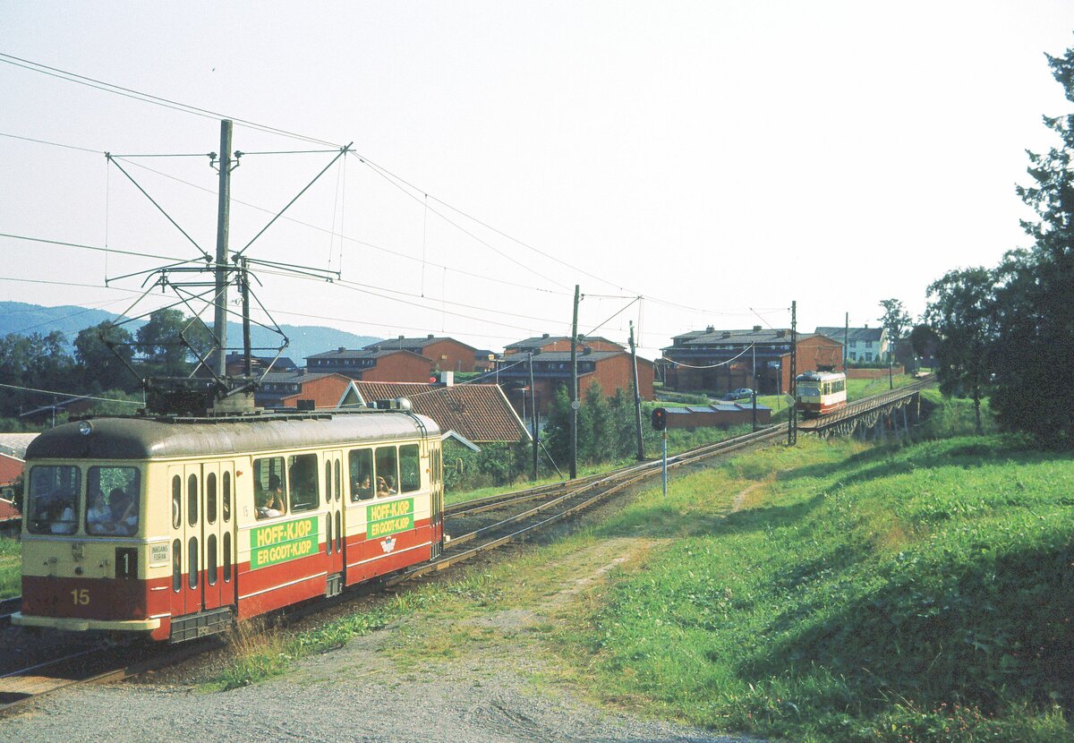 Trondheim 18-08-1979 Tram Linie 1 Ausweiche beim Hoem Viadukt über Bøckmans weg