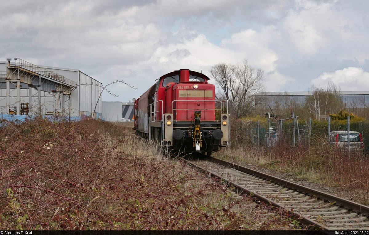 Trotz verpasstem Trafo noch eine Entschädigung:
294 665-5 (294 165-0 | 294 165-6 | 290 165-0 | DB V 90) steht auf der sehr selten bedienten und meines Wissens nach noch nicht dokumentierten Anschlussbahn zwischen dem Kanenaer Weg und der Grenzstraße in Halle (Saale). Am Haken hat sie einen Flachwagen mit Planenverdeck der Gattung  Rilns <sup>654.1</sup>  (31 80 3546 093-6 D-DB) und einen Containertragwagen samt Tankcontainern der Gattung  Sngs <sup>1</sup>  (37 80 4558 246-7 D-ERR), abgeholt im ABB Trafowerk Halle (Saale), wo zuvor ein Trafo hineingeschoben wurde.

🧰 DB Cargo
🕓 6.4.2021 | 13:02 Uhr