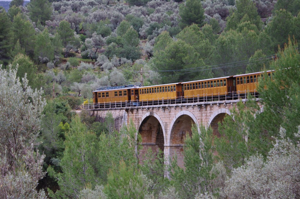 Trübes Wetter ermöglichte dieses Foto von der Bergstrecke zwischen Sóller und Bunyola. Von dieser hat man den größten Teil der Brücke im Blick. (04.04.2014).