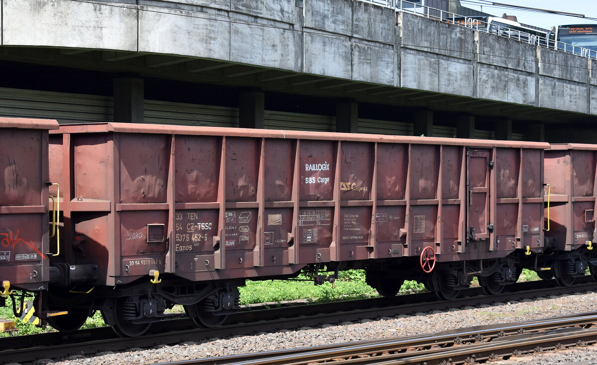 Tschechischer Drehgestell-Hochbordwagen vom Einsteller TSS Cargo a.s. mit der Nr. 33 TEN 54 CZ-TSSC 5375 452-5 Eanos 149.0 in einem Ganzzug am 11.07.23 Höhe Bahnhof Hamburg-Harburg.