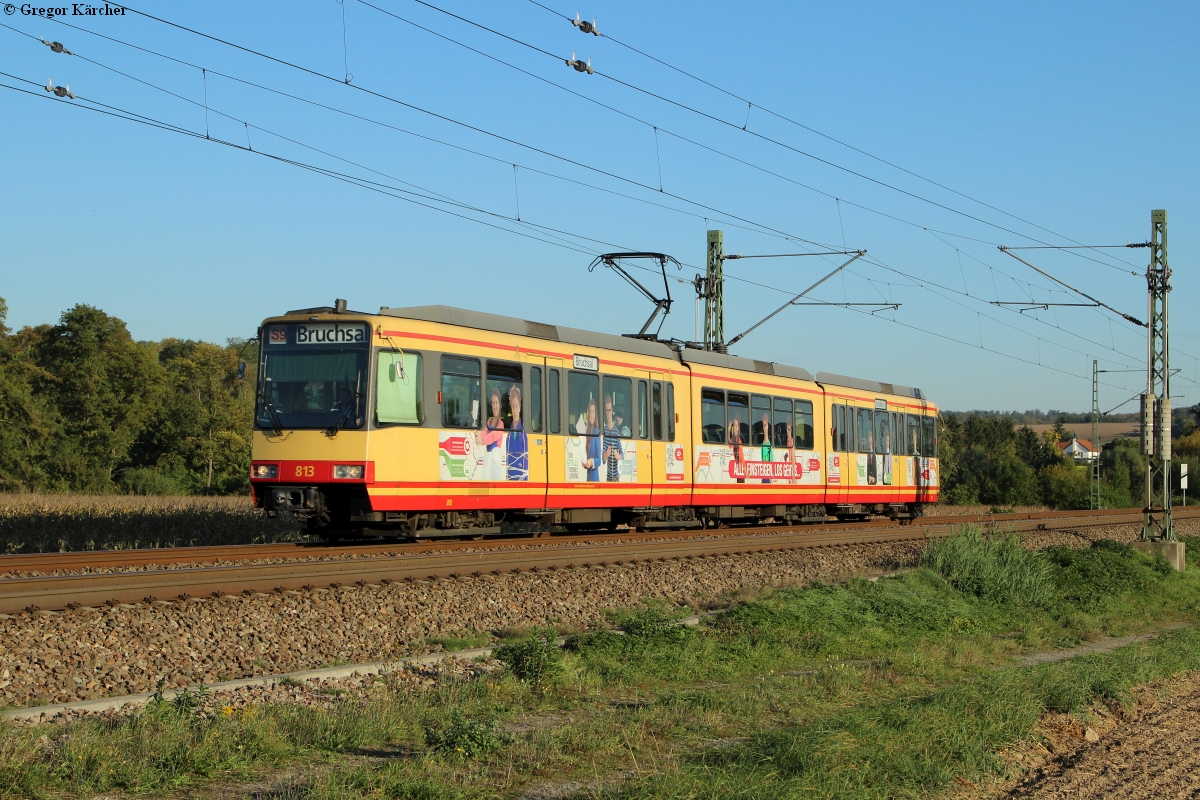 TW 813 als S9 nach Bruchsal bei Heidelsheim, 02.10.2015. Er ist einer der wenigen AVG-Fahrzeuge bei dem bis jetzt keine digitale Zugzielanzeige installiert wurde.