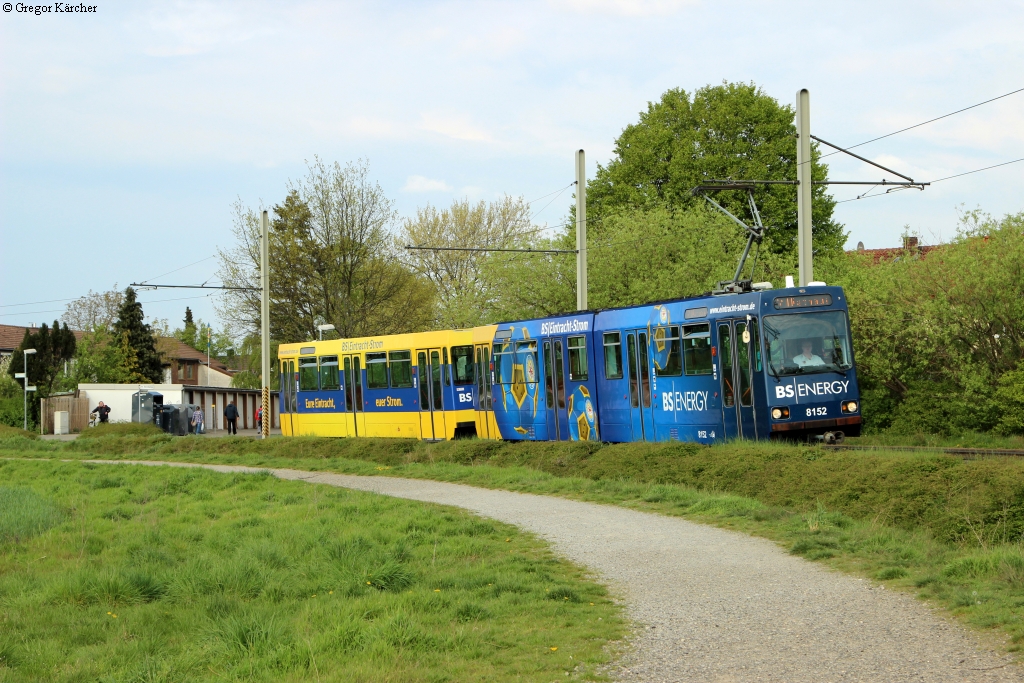 TW 8152 mit Beiwagen 8181 in Braunschweig-Geipelstraße, 22.04.2014.
