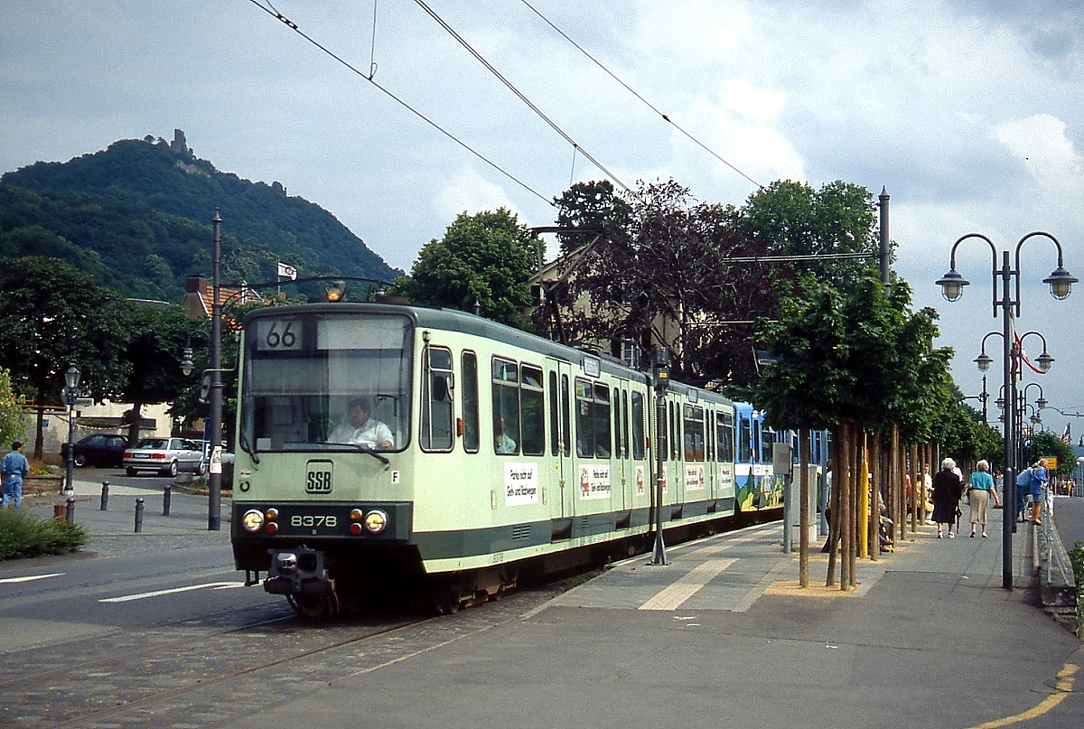 Tw 8378 und ein weiterer B100 im Sommer 1992 in Königswinter, in Hintergrund der Drachenfels