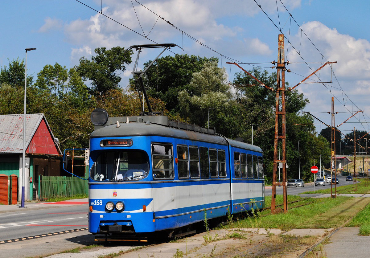 Tw.168 (ex. Wien E1 4683) als Linie 16 in der ul. Ptaszyckiego bei der Einfahrt in die Haltestelle Suche Stawy. (18.08.2021)