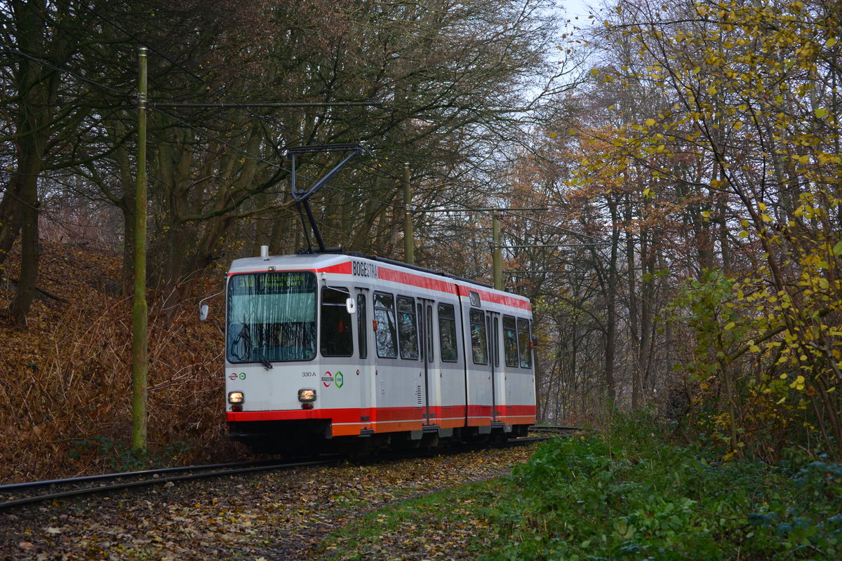 Tw330 rauscht durch den Waldabschnitt Papenholz entgegen. Zum Fahrplanwechsel und der Stilllegung zwischen Papenholz und Bochum Unterstraße wurden restlichen 1976 und 1977 gebauten M6S Triebwagen abgestellt. Nun verkehren hier neue Vario Triebwagen des Types 6xNfGlTwZR. Zwischen Crengeldanz und Witten Heven besteht nun Inselverkehr. Der Abschnitt Crengeldanz bis Unterstraße bleibt vorerst Betriebsstrecke.

Witten 30.11.2019