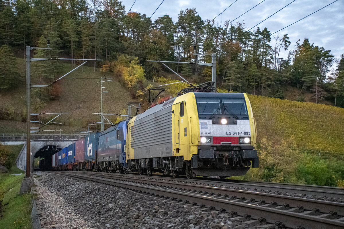  Tweety  189 993 ist zusammen mit 193 534 bei Villnachern unterwegs und hat soeben auf dem Weg in Richtung Basel den Villnachern-Tunnel verlassen. Aufgenommen am Abend des 19.10.2021.