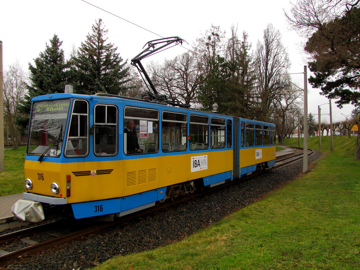 TWSB 316 als Linie 6 vom Gleisdreieck Waltershausen, am 25.03.2016 am Bahnhof Waltershausen.