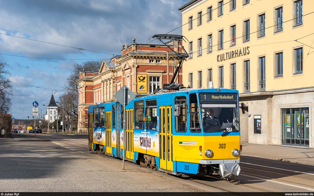 TWSB Tatra KT4D 303 / Gotha Orangerie, 26. Februar 2022<br>
1 Krankenhaus - Hauptbahnhof