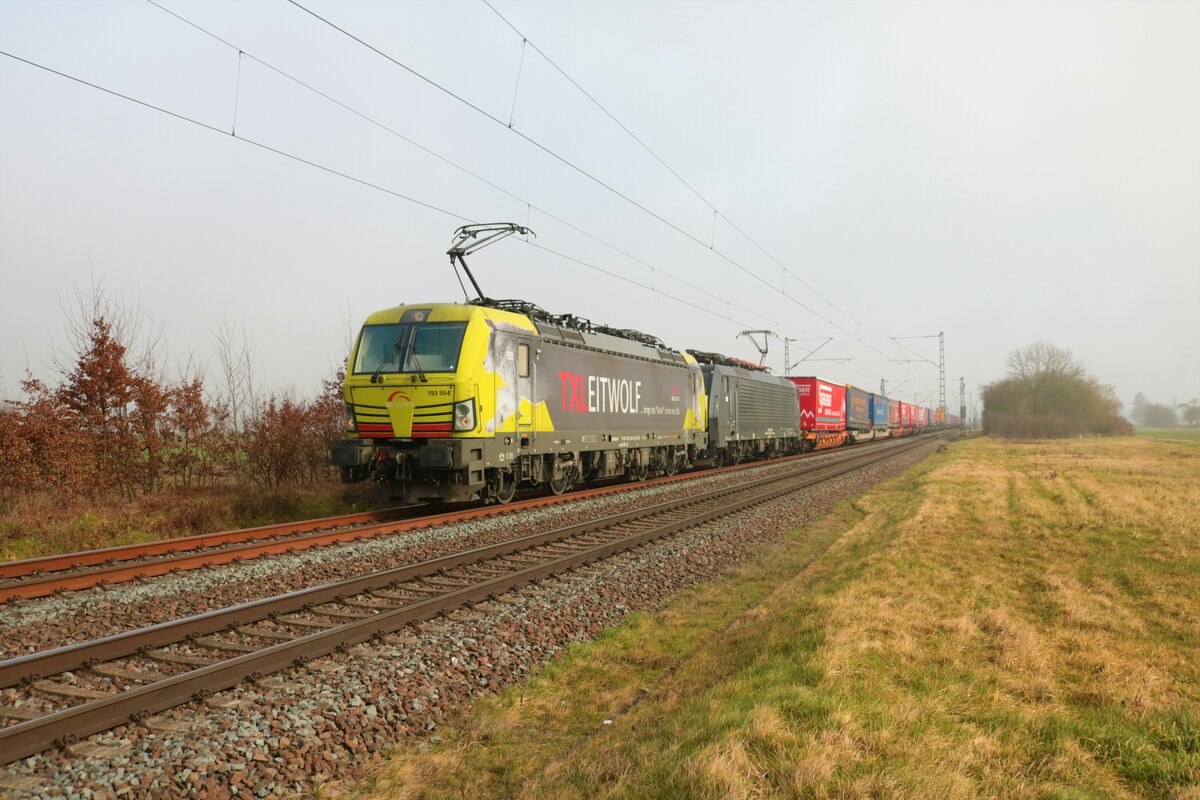 TX Logistik Siemens Vectron 193 554-3 und MRCE 189 984 mit KLV Zug in Altheim bei Dieburg am 22.02.23