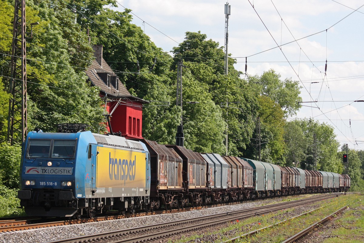 TXL 185 518 am 28.5.13 mit einem Stahlzug in Ratingen-Lintorf.