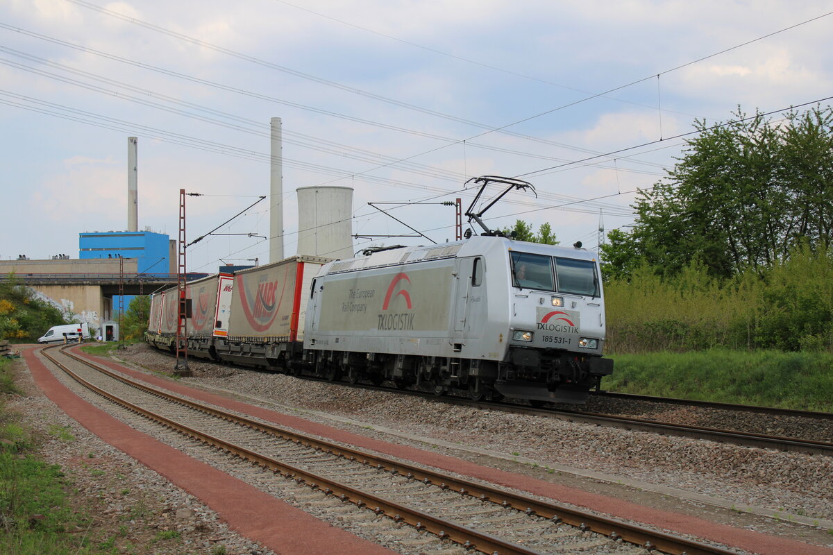 TXL 185 531-1 fährt am 07.05.2022 mit dem Mars-Zug durch Bous(Saar) in Richtung München.