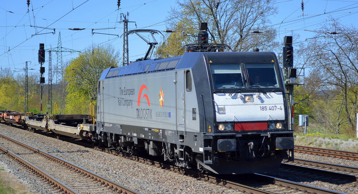 TXL - TX Logistik AG, Bad Honnef [D]  185 407-4  [NVR-Nummer: 91 80 6185 407-4 D-DISPO] mit Taschenwagenzug Richtung Rostock am 20.04.20 Bf. Saarmund.