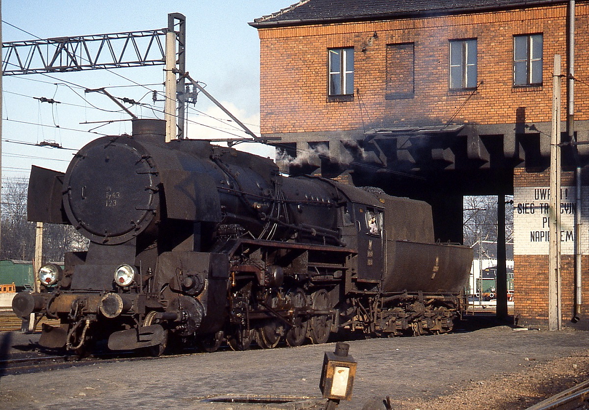 Ty 43-123 im Februar 1989 im Depot Gniezno. Bei der Ty 43 handelt es sich um einen Nachbau der DR-Baureihe 42.