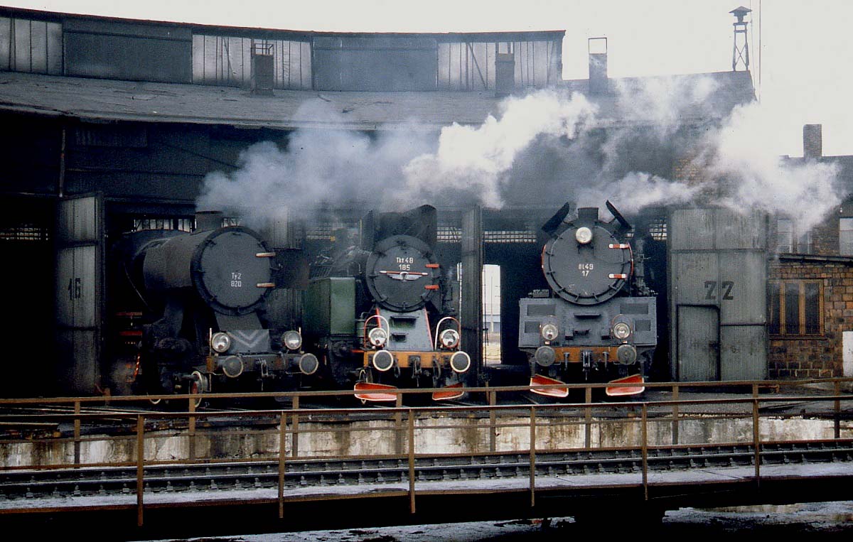 Ty2 820, Tkt48 185 und Ol49 17 im Depot Jarocin im Februar 1989. Diese drei Baureihen waren im zu Ende gehenden Dampflokzeitalter in Polen immer noch auf einigen Nebenstrecken anzutreffen.