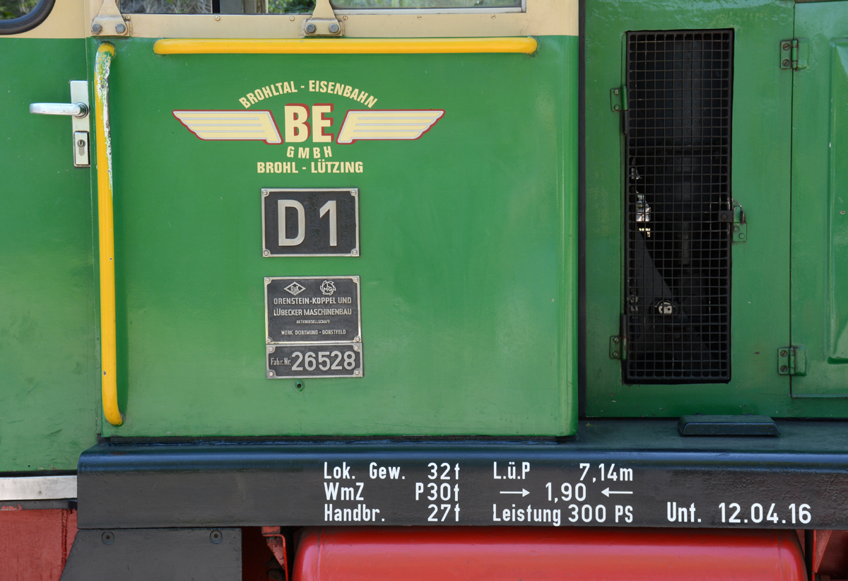 Typenschild an der MV 10 S Orenstein & Koppel der BE GmbH D1 in Brohl-Lützing - 08.05.2016