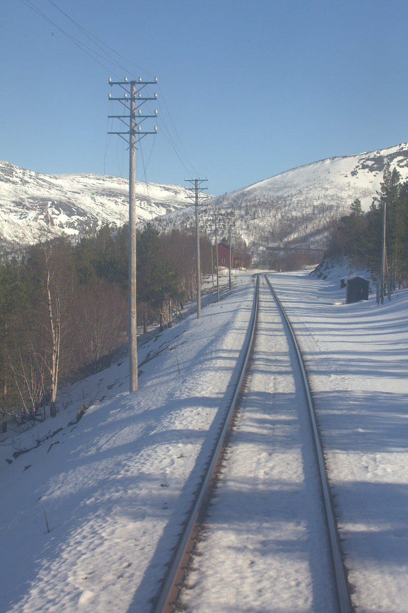 Typischer Blick auf die Strecke zwischen Loensdal und Roekland.Tagesverbindung Trondheim-Bodoe. 14.04.2018  15:44 Uhr. Es finden sich noch Reste einer alten Telegrafenleitung