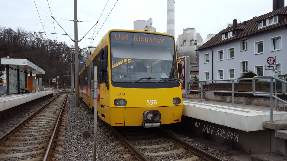 U14 (Stuttgarter Straßenbahn AG) an der Haltestelle Kraftwerk Münster (05.02.2017