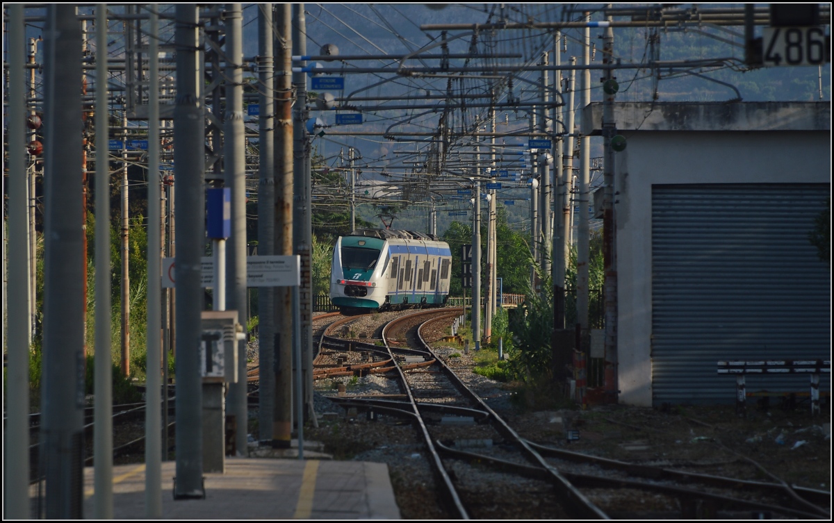 <U>Bella Calabria.</U>

Ein ALe 501 des Regionalverkehrs nimmt in Rosarno die Abkürzung über die Neubaustrecke von Rosarno nach Lamezia Therme. Im August 2013.