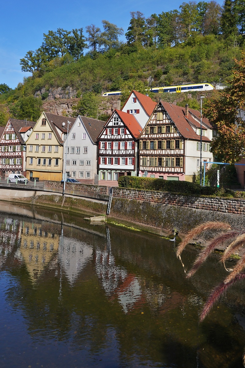 �ber den D�chern von Calw f�hrt ein aus Weil der Stadt kommender 563 am 15.10.2026 in die Endstation der Hermann-Hesse-Bahn ein