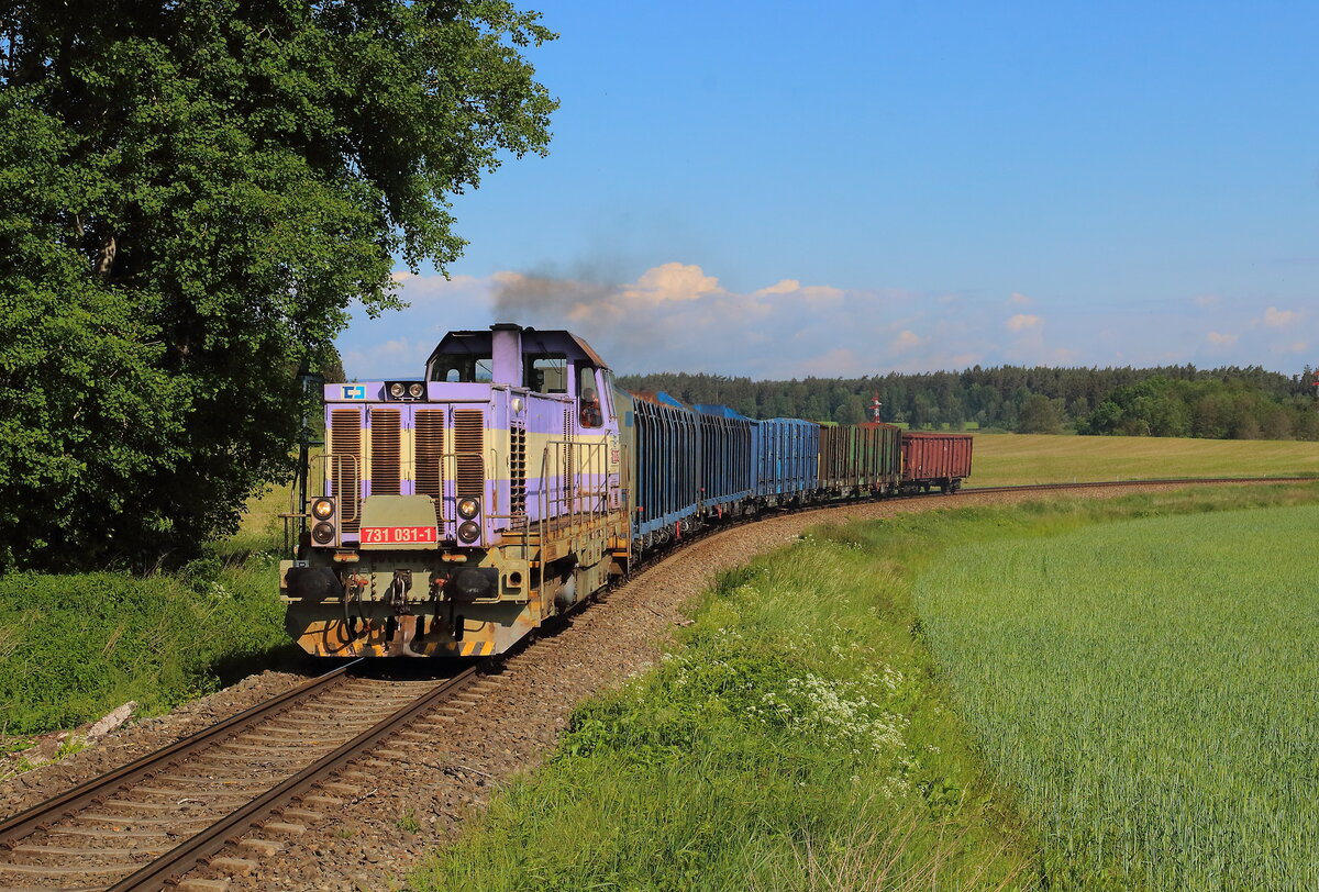 Übergabe als Holzleerzug von Plana nach Tachov mit der violett gelben 731 031 CD Cargo unterwegs am 01.06.2022