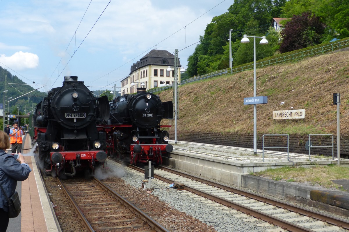 Überholung der 52 8134 mit dem Zug nach Germersheim durch die 01 202 auf Rundfahrt von Landau über Pirmasens Nord und Kaiserslautern nach Neustadt am späten Vormittag des 1.6.14 in Lambrecht(Pfalz)