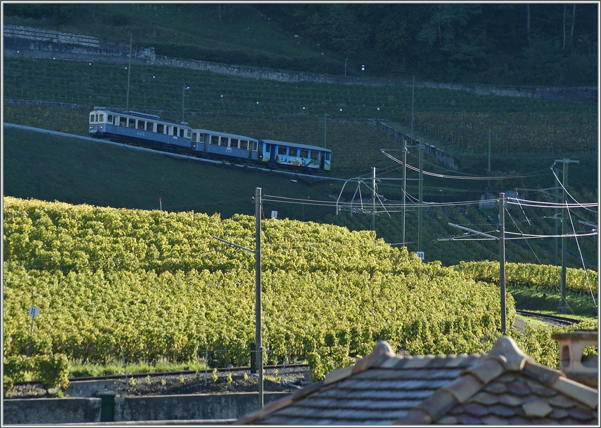 Überraschend begegnete uns der ASD FCe 4/4 N°1 und bis ich den Zug fotografieren konnte, war er bereits im Schatten den Weinbergen oberhalb von Aigle weitergefahren. Dmals erst enttäuscht, finde ich heute, dass dieses Bild trotzdem seine Reize hat. Die Enttäuschung hielt sich übrigens in Grenzen, da wir den Zug dann in Vers l'Eglise, Les Diablerets und bei Le Sépey doch noch unter besseren Voraussetzungen fotografieren konnten.   
18. Okt. 2014