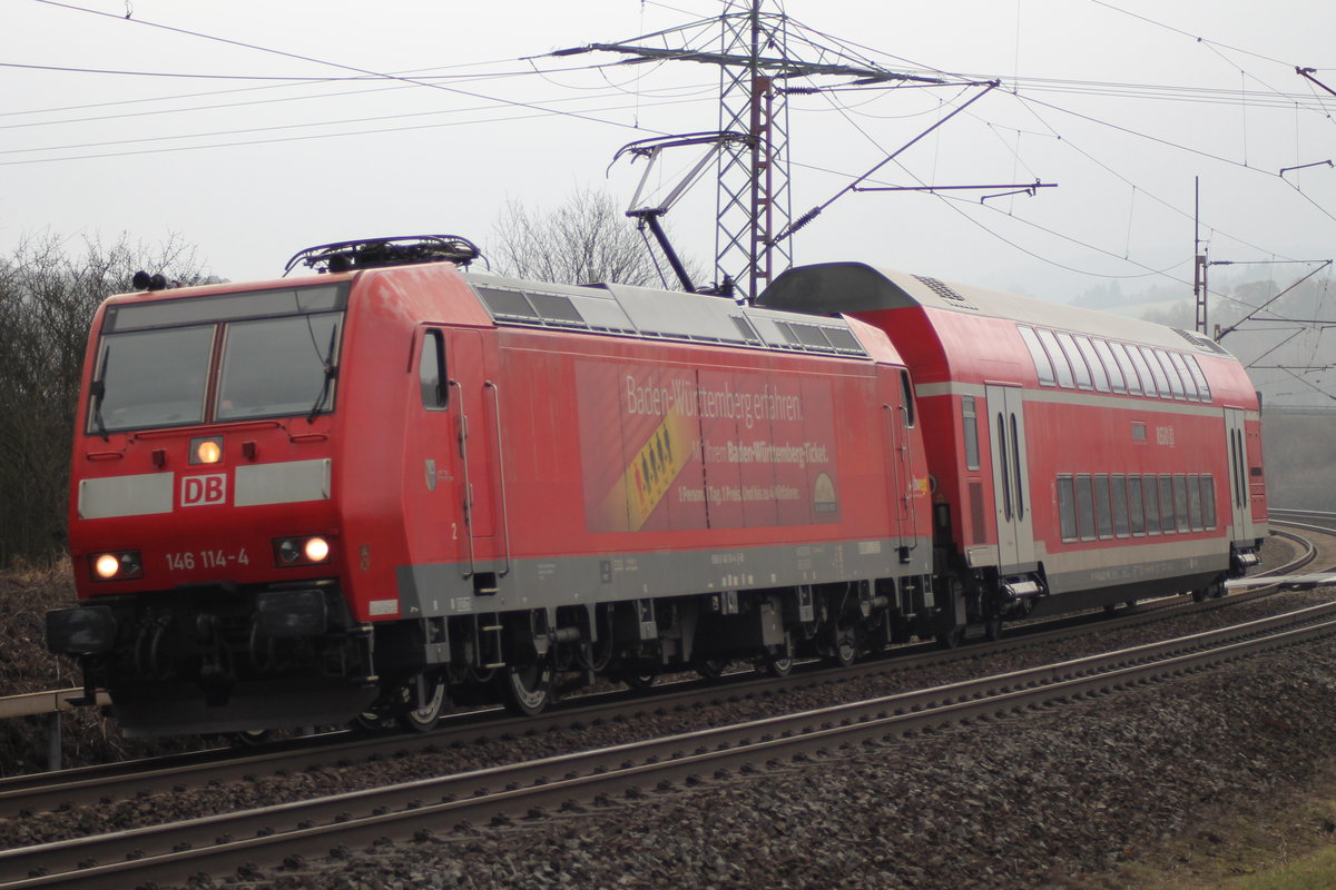 Überraschungsgast am 07.02.2019 war 146 114  Baden-Württemberg erfahren. , als sie mit einem Dosto bei Friedland in Richtung Göttingen fuhr.