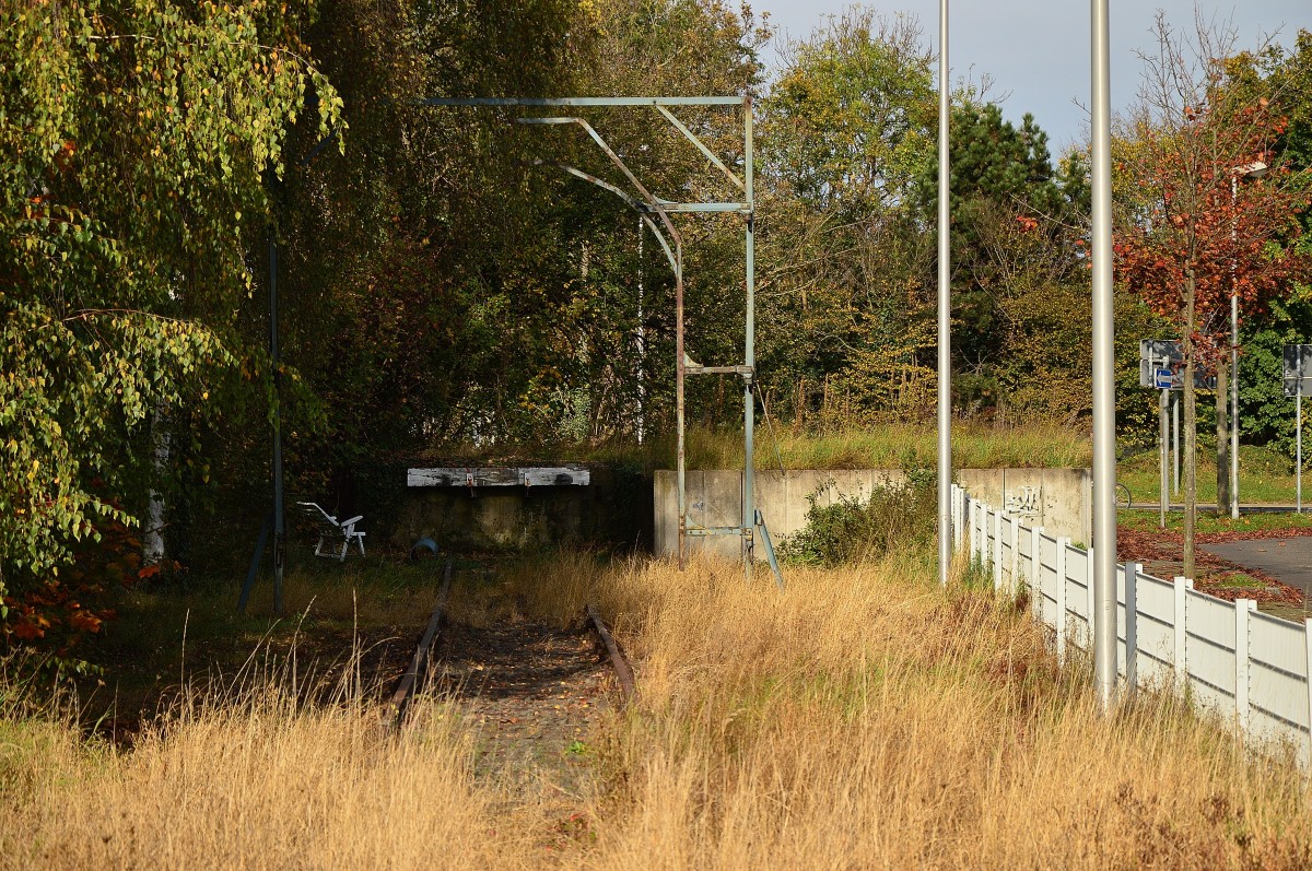 Überrest eines ehemaligen Freiladegleises mit Kopframpe in Jülich.
Ein altes Lademass steht auch noch am Gleis.....es sieht so aus,
als würde das Gleis noch gelegentlich als Ausziehgleis genutzt