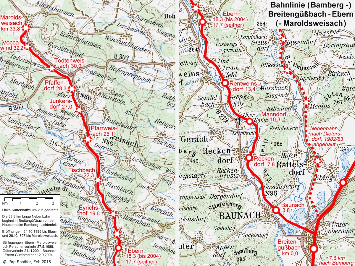 Übersichtskarte zur einst 33,8 km langen Nebenbahn (Bamberg -) Breitengüßbach - Ebern - Maroldsweisach. Nördlich von Ebern wurden die Gleise nach der Jahrtausendwende abgebaut. Zwischen Bamberg und Ebern pendeln heute Regioshuttle-Triebwagen von agilis im Stundentakt.